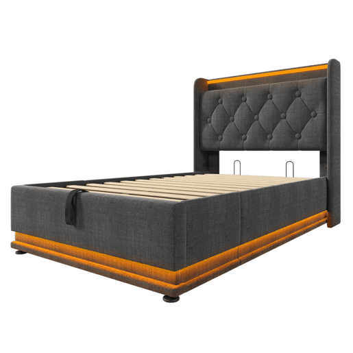 Cama individual estofada 90*200 - LED 360, hidráulica, cabeceira acolchoada com USB Tipo-C - Cinza