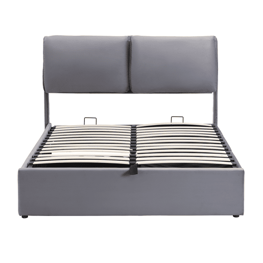 Cama estofada 140x190 com base hidráulica, 3 gavetas, baú e cabeceira de ripas - Cinza