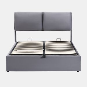 Cama estofada 140x190 com base hidráulica, 3 gavetas, baú e cabeceira de ripas - Cinza