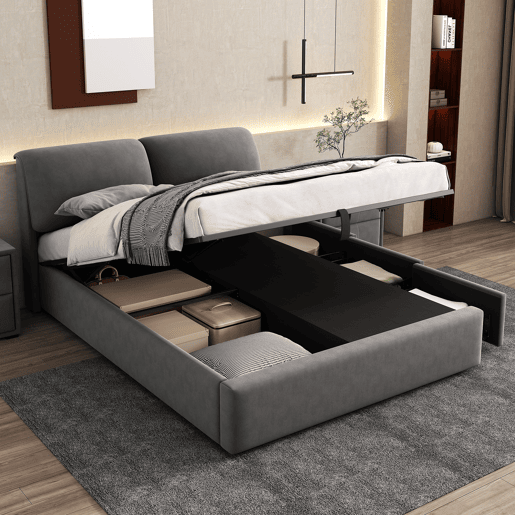 Cama estofada 140x190 com base hidráulica, 3 gavetas, baú e cabeceira de ripas - Cinza