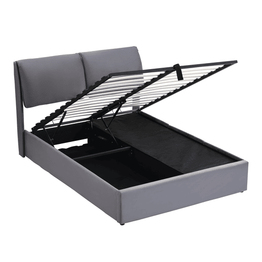Cama estofada 140x190 com base hidráulica, 3 gavetas, baú e cabeceira de ripas - Cinza