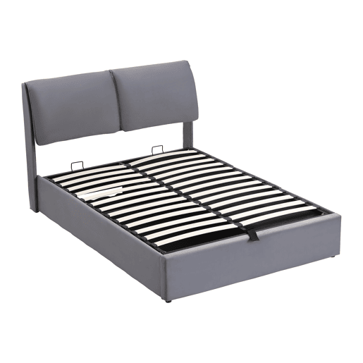 Cama estofada 140x190 com base hidráulica, 3 gavetas, baú e cabeceira de ripas - Cinza