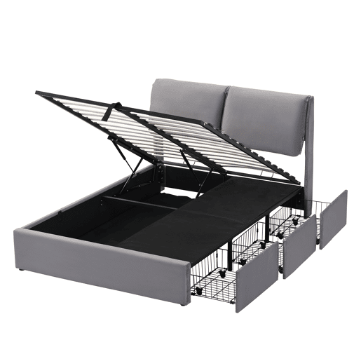 Cama estofada 140x190 com base hidráulica, 3 gavetas, baú e cabeceira de ripas - Cinza