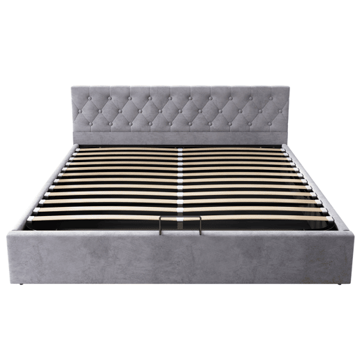 Cama estofada 180x200 cm - Cabeceira capitoné, Cama de casal, Cama hidráulica com arrumação, Estrado, Cinza