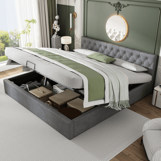 Cama estofada 180x200 cm - Cabeceira capitoné, Cama de casal, Cama hidráulica com arrumação, Estrado, Cinza