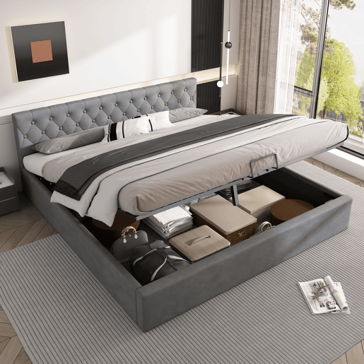 Cama estofada 180x200 cm - Cabeceira capitoné, Cama de casal, Cama hidráulica com arrumação, Estrado, Cinza