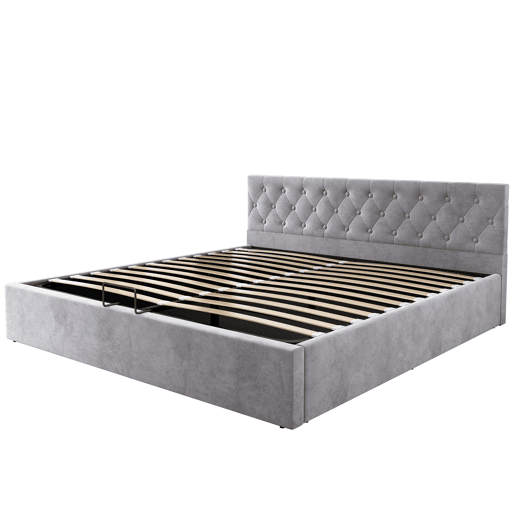 Cama estofada 180x200 cm - Cabeceira capitoné, Cama de casal, Cama hidráulica com arrumação, Estrado, Cinza