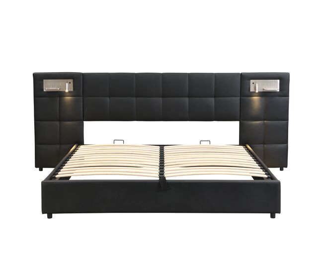 Cama tapizada 180x200 cm - hidráulica, con puerto usb, carga inalámbrica, lámpara led y almacenamiento - negro