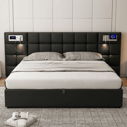 Cama estofada 180x200 cm - hidráulica, com porta USB, carregamento sem fios, lâmpada LED e arrumação - Preto