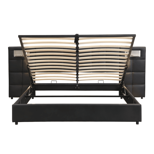 Cama estofada 180x200 cm - hidráulica, com porta USB, carregamento sem fios, lâmpada LED e arrumação - Preto