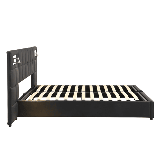 Cama estofada 180x200 cm - hidráulica, com porta USB, carregamento sem fios, lâmpada LED e arrumação - Preto