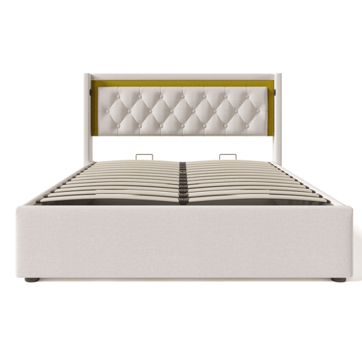 Cama estofada LED 160x200 - com arrumação, cabeceira e carregamento USB tipo C - Bege