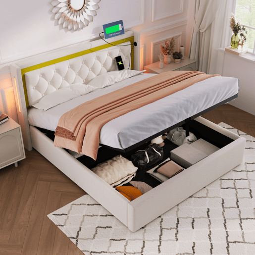 Cama estofada LED 160x200 - com arrumação, cabeceira e carregamento USB tipo C - Bege