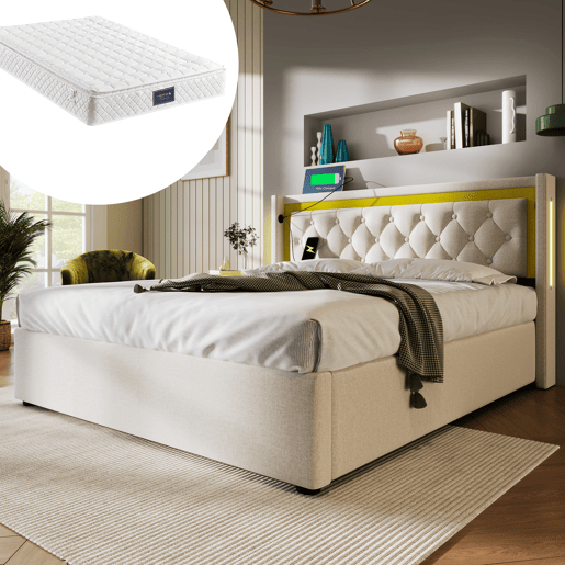 Cama estofada LED 160x200 - com arrumação, cabeceira e carregamento USB tipo C - Bege