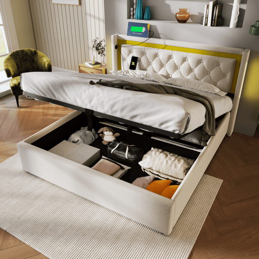 Cama estofada LED 160x200 - com arrumação, cabeceira e carregamento USB tipo C - Bege