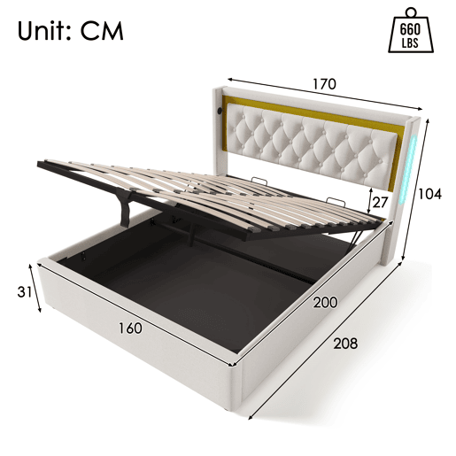 Cama estofada LED 160x200 - com arrumação, cabeceira e carregamento USB tipo C - Bege