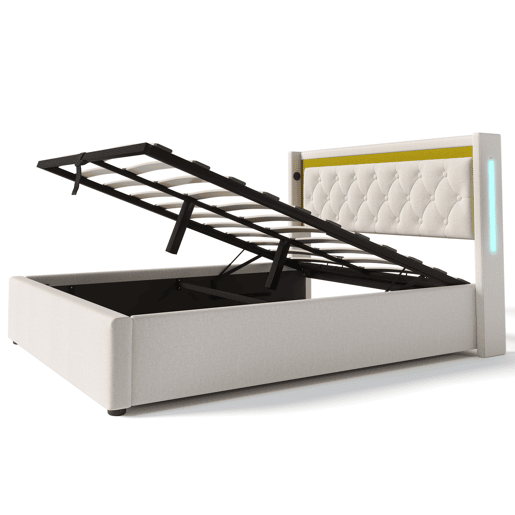 Cama estofada LED 160x200 - com arrumação, cabeceira e carregamento USB tipo C - Bege