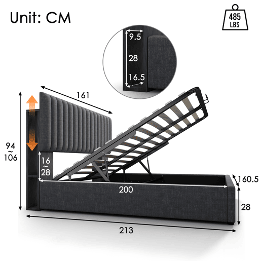 Cama de casal 160x200cm - Polsterbett com arrumação, LED, controlo por aplicação, carregamento USB Tipo C, cabeceira ajustável - Cinza