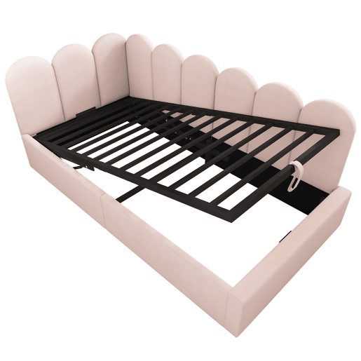 Cama divã 90x200 cm - Cama de dia com sofá hidráulico, arrumação, base metálica, veludo - Rosa