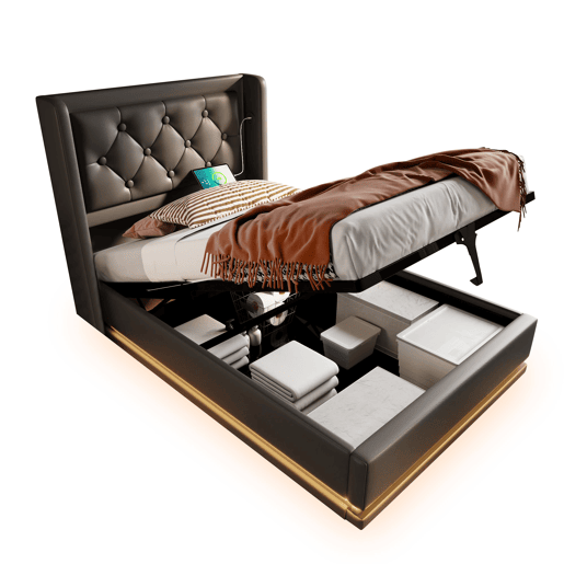 Cama individual 90*200 cm - Cabeceira acolchoada com função LED em 3 lados, armazenamento hidráulico, material PU preto