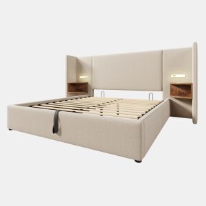Cama estofada 160×200 - com mesinha, candeeiro de leitura e USB Type-C, arrumação, estrutura em madeira e metal - Bege