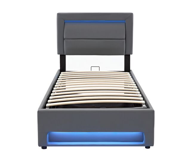 Cama tapizada 90x190 - con usb, led y almacenamiento, sin colchón - gris