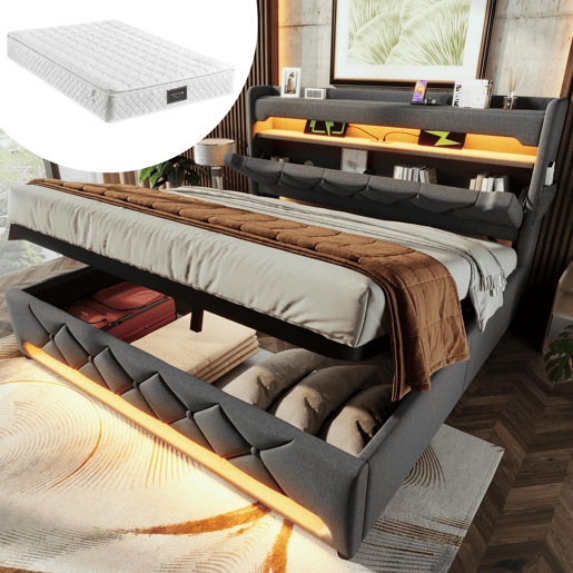 Cama de casal 160x200 - Cabeceira com arrumação, portas USB e tipo C, função LED 360 - Cinza