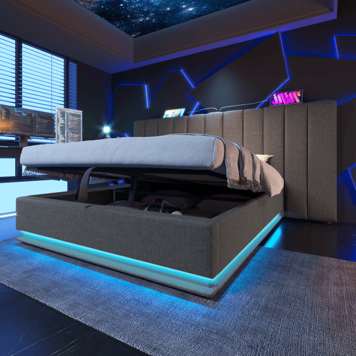 Cama estofada 160x200 - cama de casal com arrumação, controlo LED por aplicação e USB-C, estrutura com base de madeira - Cinza