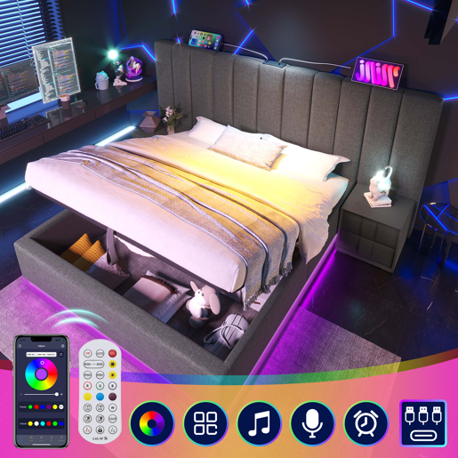 Cama estofada 160x200 - cama de casal com arrumação, controlo LED por aplicação e USB-C, estrutura com base de madeira - Cinza