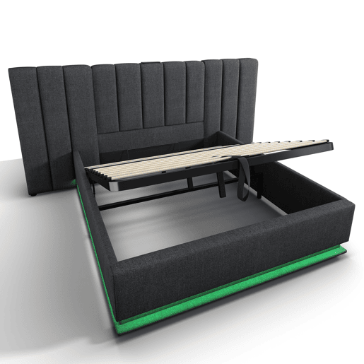 Cama estofada 160x200 - cama de casal com arrumação, controlo LED por aplicação e USB-C, estrutura com base de madeira - Cinza