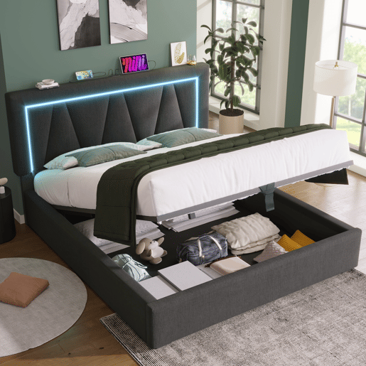 Cama de casal 140x200 - Polsterbett LED com USB Tipo C e luz LED - Bege