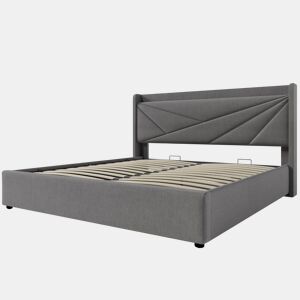 Cama de casal estofada 160x200 - com arrumação, USB tipo C e cabeceira em linho - Bege