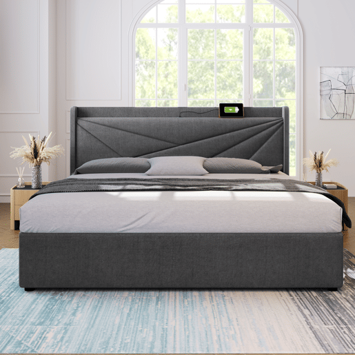 Cama de casal estofada 160x200 - com arrumação, USB tipo C e cabeceira em linho - Bege