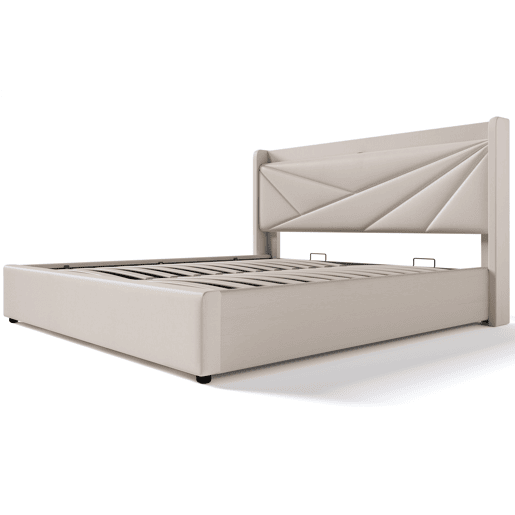 Cama estofada 160x200 - com arrumação, cabeceira e função de carregamento USB Tipo C - Bege