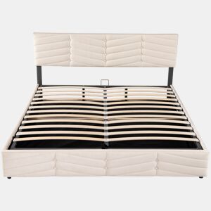 Cama estofada 180x200 cm - Cama de casal hidráulica com cabeceira ajustável, estilo riscas, veludo - Bege