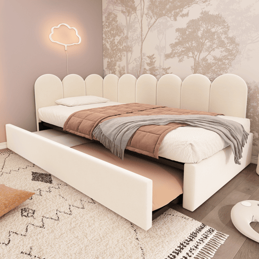 Cama divã 90x200 cm - Sofá-cama com cama extraível 90x190 cm, cama infantil com estrado de ripas, veludo - Bege