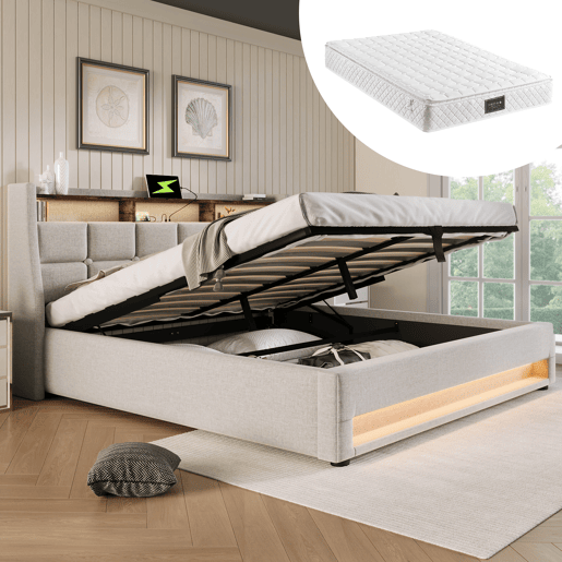 Cama estofada 160x200 cm - Cama de casal com USB, LED e estrutura metálica com estrado - Bege