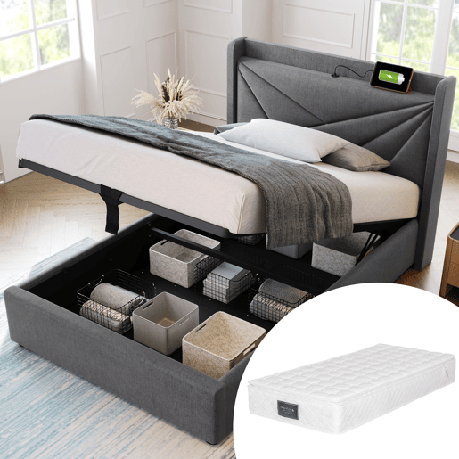 Cama estofada 90x200 - com arrumação, função de carregamento USB Tipo C, cabeceira - Cinza