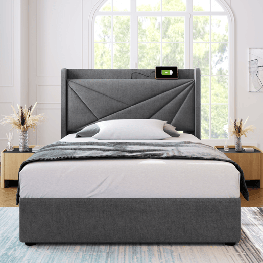 Cama estofada 90x200 - com arrumação, função de carregamento USB Tipo C, cabeceira - Cinza