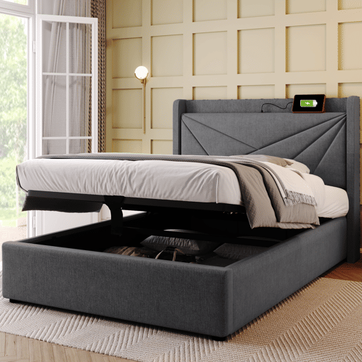 Cama estofada 90x200 - com arrumação, função de carregamento USB Tipo C, cabeceira - Cinza