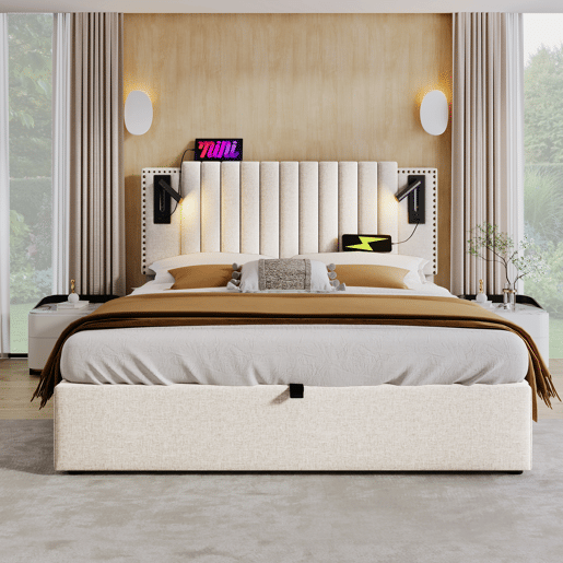 Cama estofada 140x200 cm - Cama de casal com arrumação, luz de leitura com porta USB, encosto com design de rebites, estrado e canapé, algodão - Bege