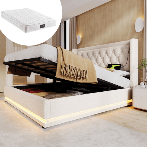 Cama de casal estofada 160x200 cm - armazenamento hidráulico, cabeceira acolchoada com USB e LED em 3 lados - Bege