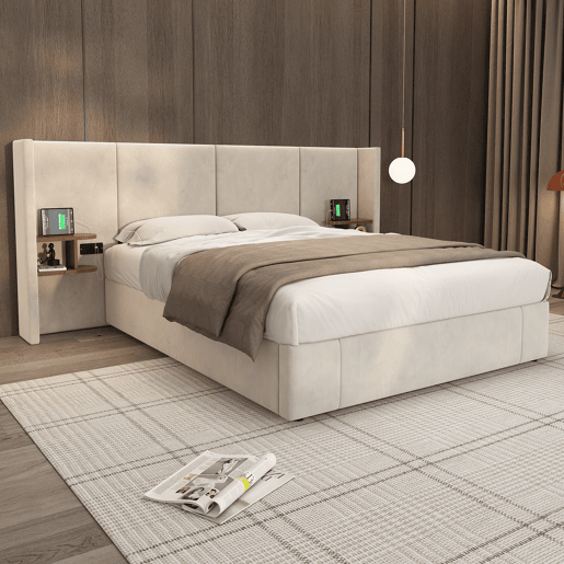 Cama estofada 160x200 cm - hidráulica com USB e tomadas, duas mesinhas com arrumação, estrado de madeira, fácil montagem - Bege