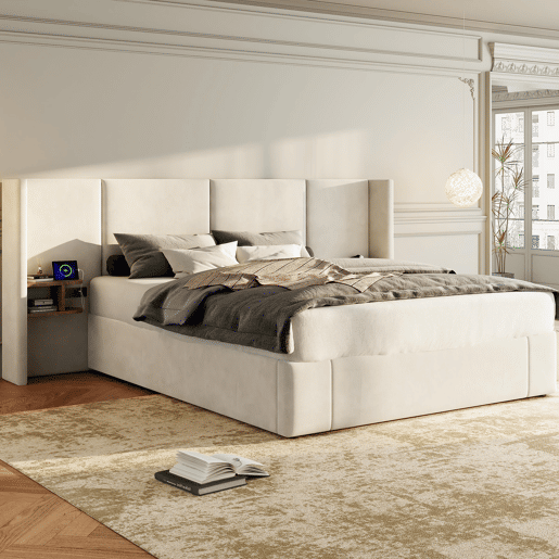 Cama estofada 160x200 cm - hidráulica com USB e tomadas, duas mesinhas com arrumação, estrado de madeira, fácil montagem - Bege