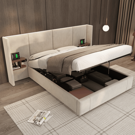 Cama estofada 160x200 cm - hidráulica com USB e tomadas, duas mesinhas com arrumação, estrado de madeira, fácil montagem - Bege