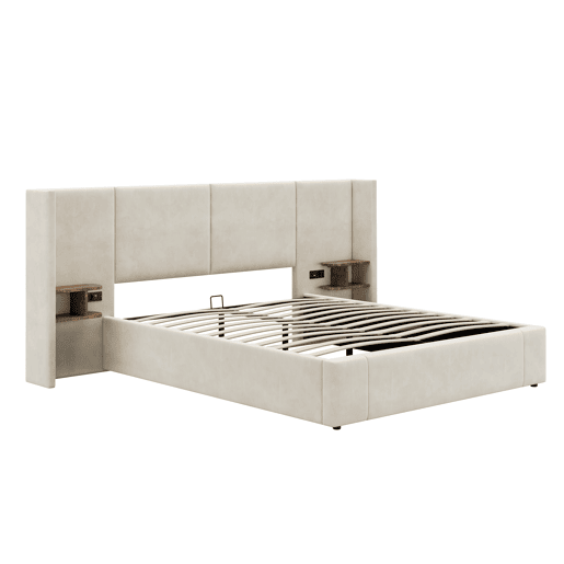Cama estofada 160x200 cm - hidráulica com USB e tomadas, duas mesinhas com arrumação, estrado de madeira, fácil montagem - Bege