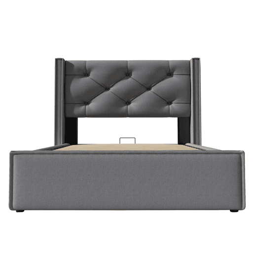 Cama individual hidráulica 90x200 - estofada com arrumação e estrado metálico - Cinza