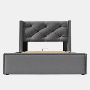 Cama individual hidráulica 90x200 - estofada com arrumação e estrado metálico - Cinza