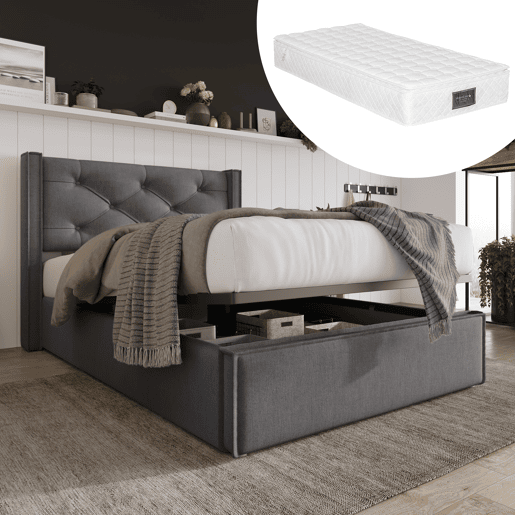 Cama individual hidráulica 90x200 - estofada com arrumação e estrado metálico - Cinza