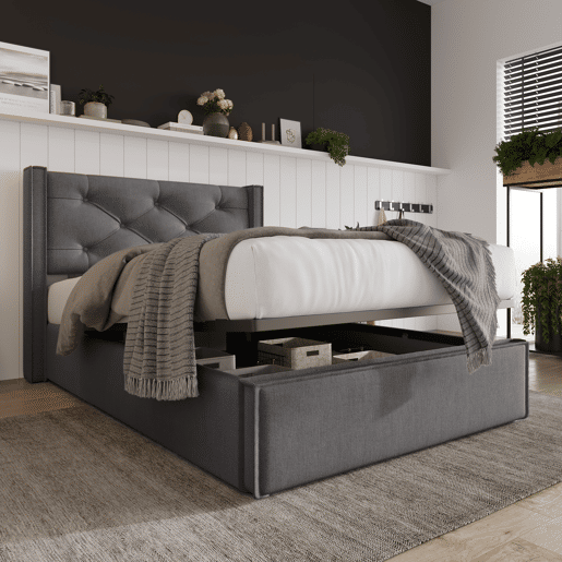 Cama individual hidráulica 90x200 - estofada com arrumação e estrado metálico - Cinza